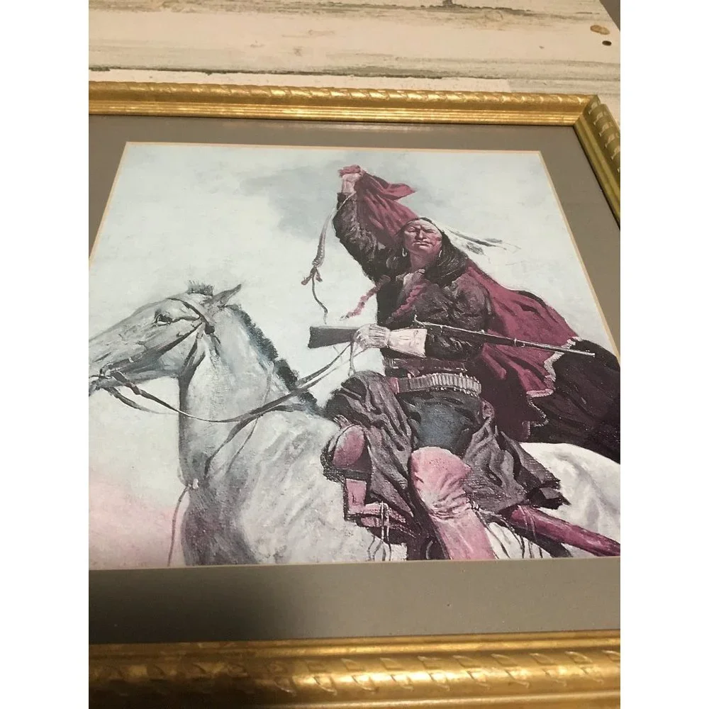 Indian riding horse picture matted gold framed